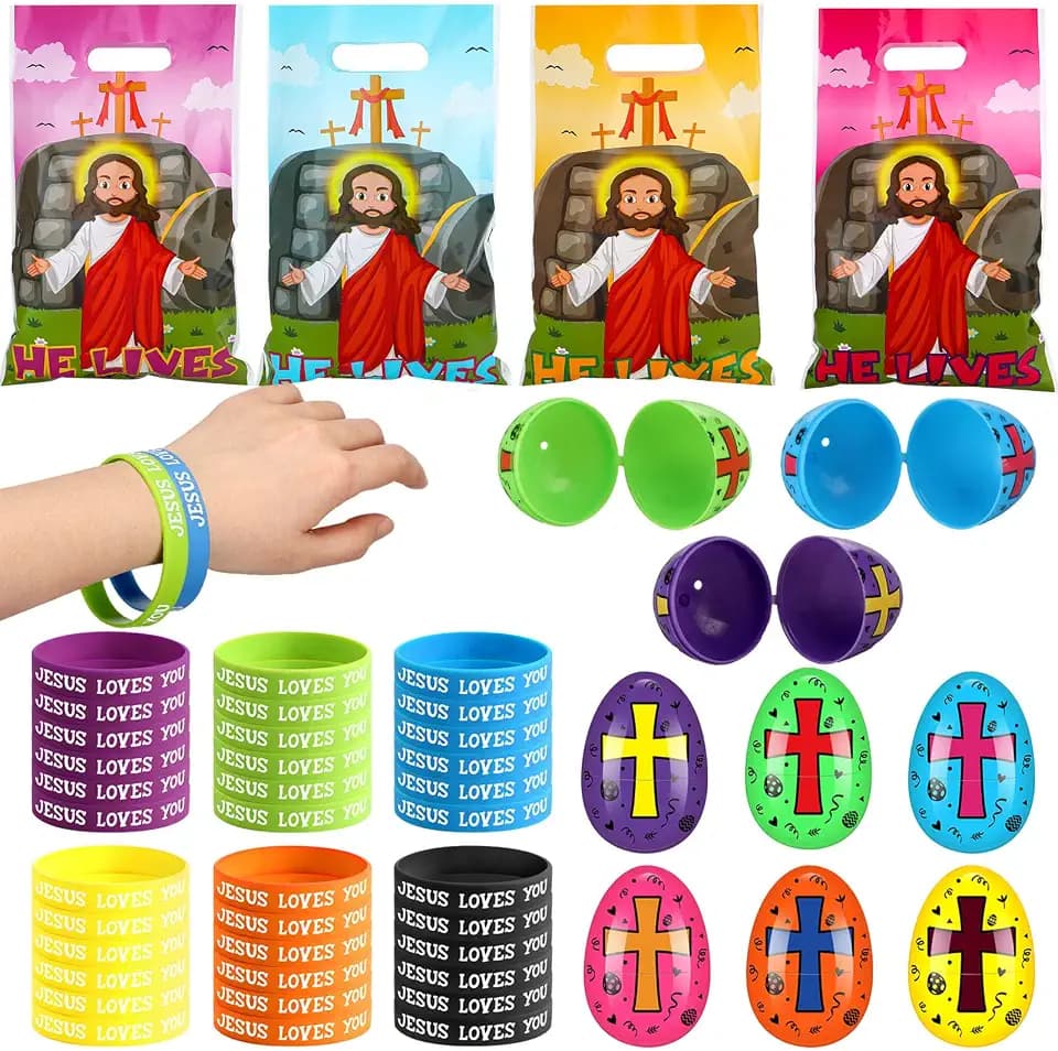 108 Pcs Easter Religious Party Favor Set Include 36 Pcs Easter Eggs Fillers 36 Pack Christian Goody Bags 36 Pack Jesus Loves You Wristbands Party Supplies for Gift Church (Jesus)