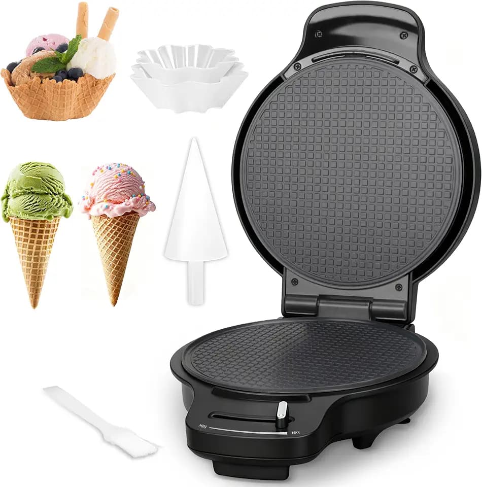 Baker's Friend Waffle Cone Maker Machine with Browning Control, 7.5” Ice Cream Cone Maker, Cone Roller & Bowl Press Included,Thin Waffle Maker Crispy, Nonstick Waffle Bowl Maker,Graphite