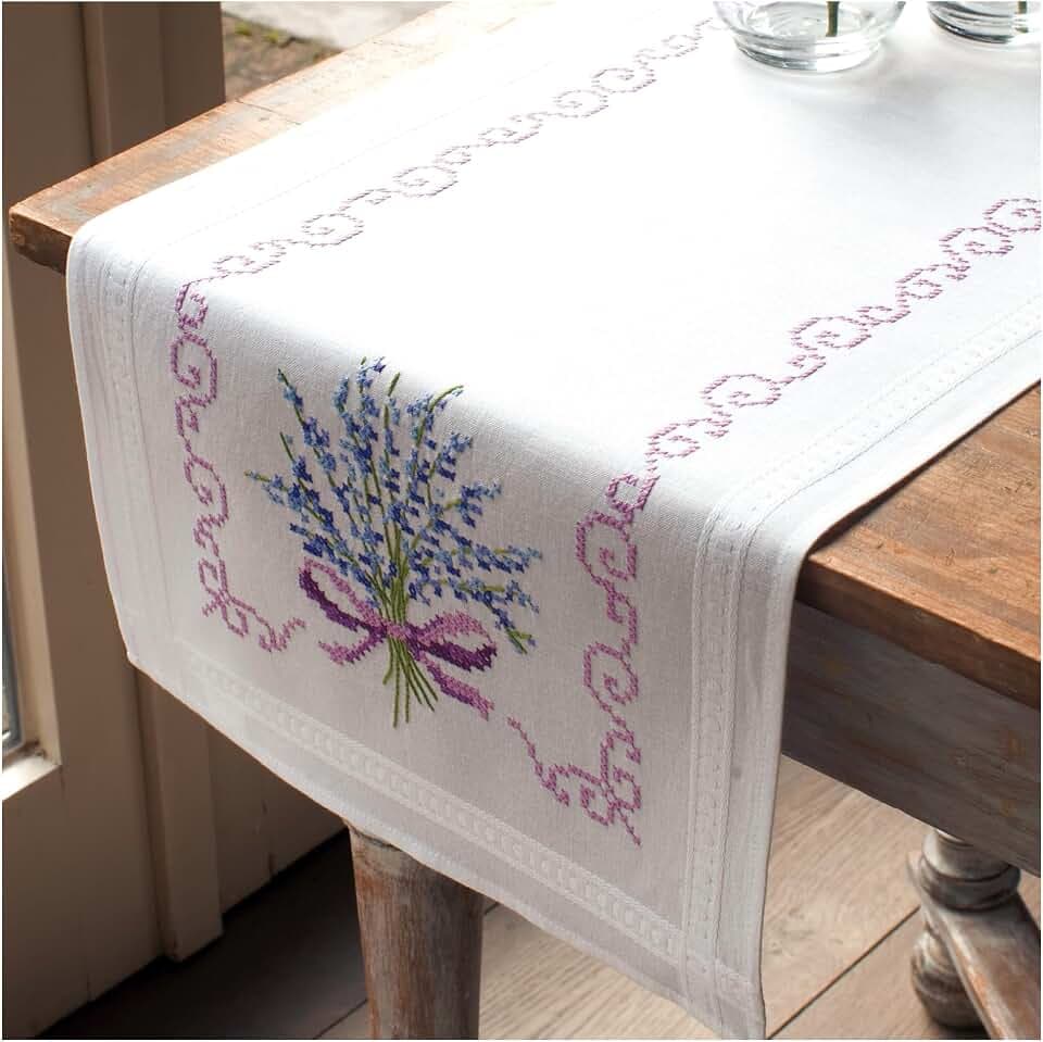 Vervaco Embroidery Kits Cross Stitch Table Runner DIY Kit, Tablecloth to Embroider with Image in Modern Design, Cotton and Thread, 16 x 40 Inches, Lavender