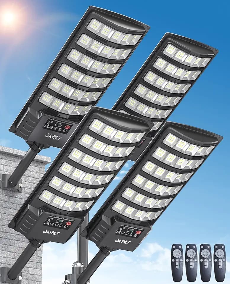 JAYNLT Solar Street Light, 7000K Dusk to Dawn Solar Security Floodlight with Motion Sensor, No Wiring Required, Easy to Install, Suitable for Outdoor Lighting in Parking Lots, Yards, Farms - 4 Pack