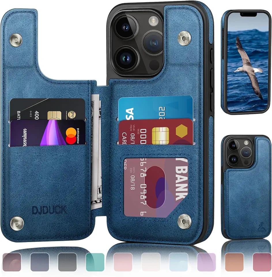 DJDUCK Designed for iPhone 13 Pro Max Case Wallet with Card Holder, [Magnetic Clasp Cover] [RFID Blocking Leather Protection] Shockproof Women Men Cases 6.7 Inch for Apple 13 Pro Max Bright Blue