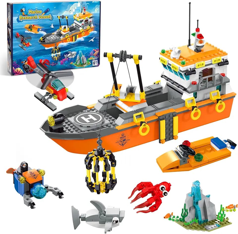 AKWME City Ocean Explorer Ship Building Set, Exploration Boat Set Toy Building Block with LED Lights, Helicopter, Submarine and Shark Cage, Birthday Gifts for 6 8 10 12 Years Old Boys Kids Girls