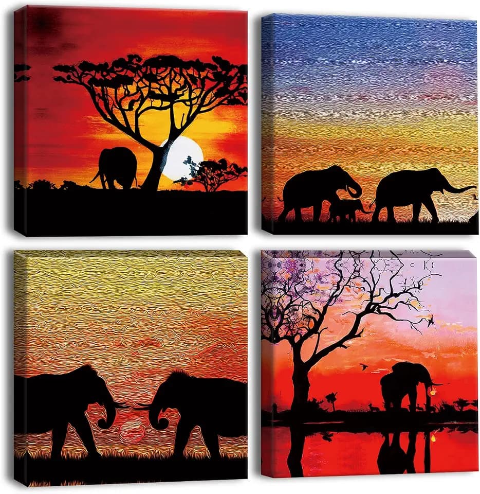 Artscope 4 Teilig Leinwandbilder mit Sonnenuntergang und Afrikanischen Elefanten Motiv Kunstdruck - Moderne Wandbild für Küche Badezimmer Wohnzimmer Wanddekoration - 30 x 30 cm