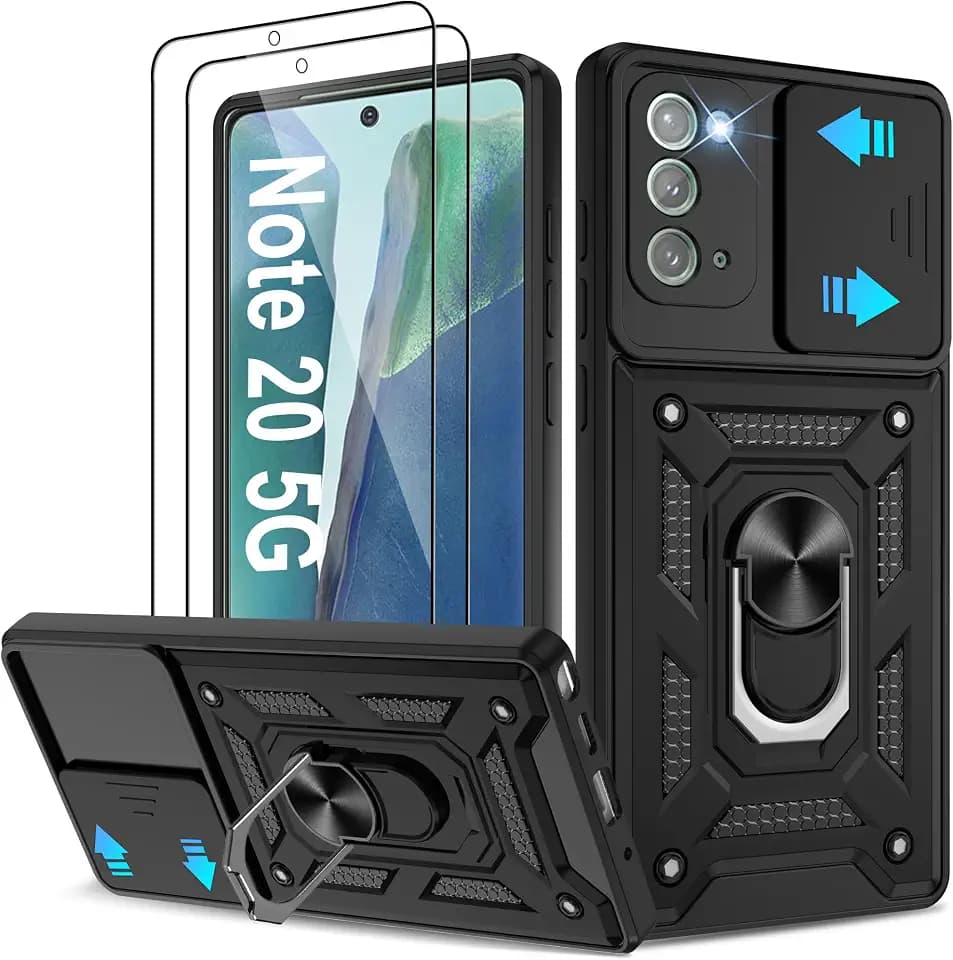 ATUMP for Samsung Galaxy Note 20 5G Case with (2 Pcs) HD Screen Protector, Heavy Duty Shockproof with 360° Rotation Kickstand [Military Grade] Protective Case for Note 20, Black