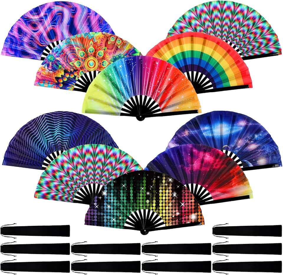 Pinkunn 10 Pcs Large Folding Rave Fans Clack Hand Fan Bamboo Festival Rainbow Fan for Line Dancing Drag Queen Music Party Performance Decoration Gift(Stylish)