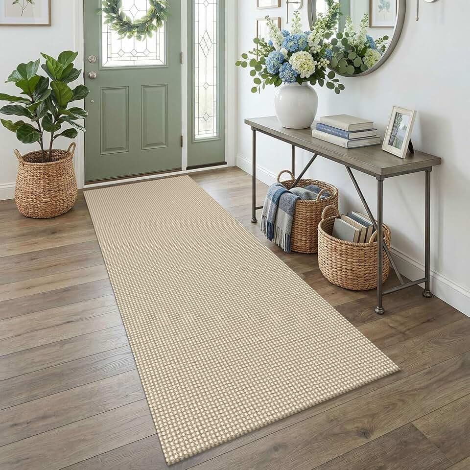EARTHALL Woven Runner Rug 3x7 Ft Washable Runners for Hallways Wide Non Slip Rubber Backed Kitchen Runner Braided Indoor Floor Carpet for Entryway, Hallway, Kitchen, Bedroom, Beige/Ivory