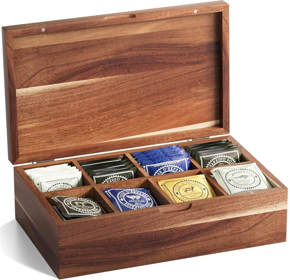 Acacia Wood Tea Bag Storage Box with 8 Compartments
