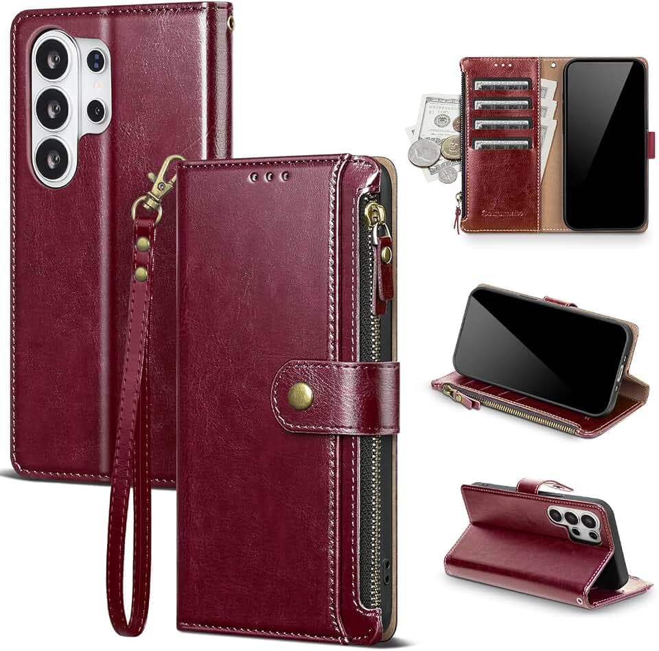 Compatible with Samsung Galaxy S26 Ultra Wallet Case with Card Holder RFID Blocking PU Leather Phone Case Flip Protective Cover Wrist Strap Credit Card Slots Kickstand Men Women,Wine Red