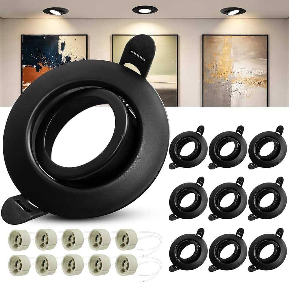10er Einbaustrahler GU10 Set, 45° Schwenkbar Einbaurahmen 68mm mit GU10 Fassung, Rund LED Spots 230V Ultra Flach Deckenspots Schwarz, Einbauspots Einbauleuchten Rahmen für LED oder Halogen