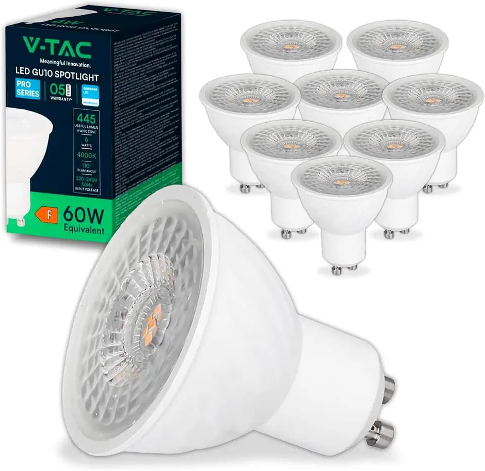 V-TAC 10 x LED-Leuchtmittel GU10 6 W (entspricht 60 W) – CHIP Samsung – 445 Lumen – hohe Helligkeit – LED-Spot GU10 für maximale Effizienz und Energieeinsparung – Licht 4000 K Neutralweiß