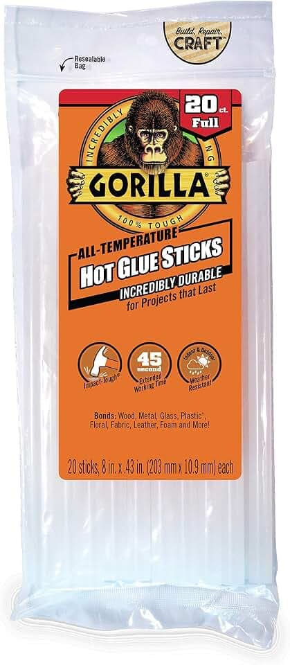 Gorilla Hot Glue Sticks, Clear, Full Size, 8" x 0.43", 20 Count