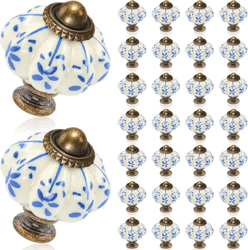 Wenqik 30 Pcs Ivory Pumpkin Knobs, Vintage Cabinet Knobs, Blue Floral