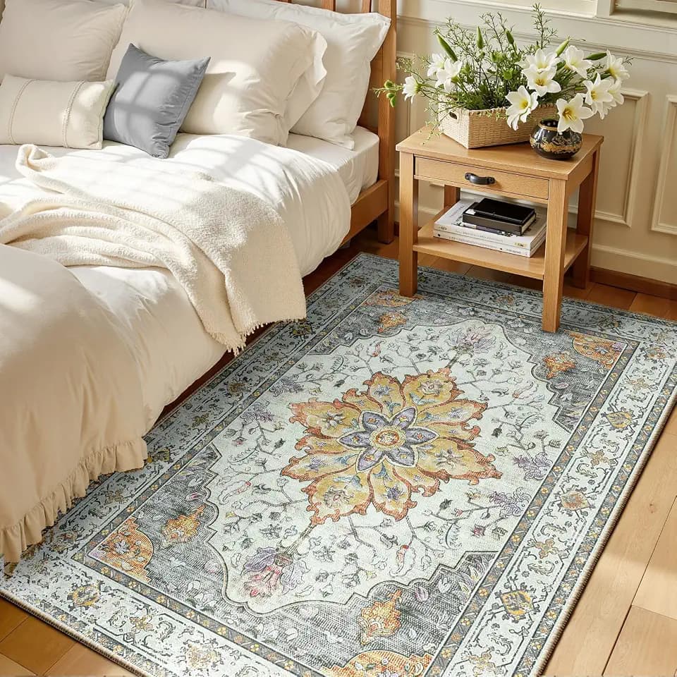 RELEANY Washable Area Rug, 3'x5', Beige/Carbon Grey/Orange