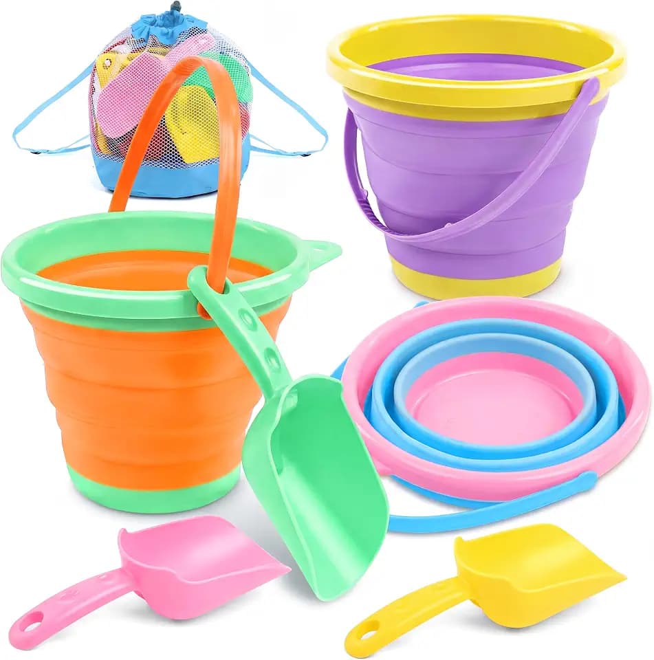 JOYIN 3 Packs Foldable Pail Bucket with Shovels & Mesh Bag, Collapsible Buckets Multi Purpose for Beach, Camping Gear, Beach Party, Fishing, and Fun Summer Activities (Orange/Blue/Purple)