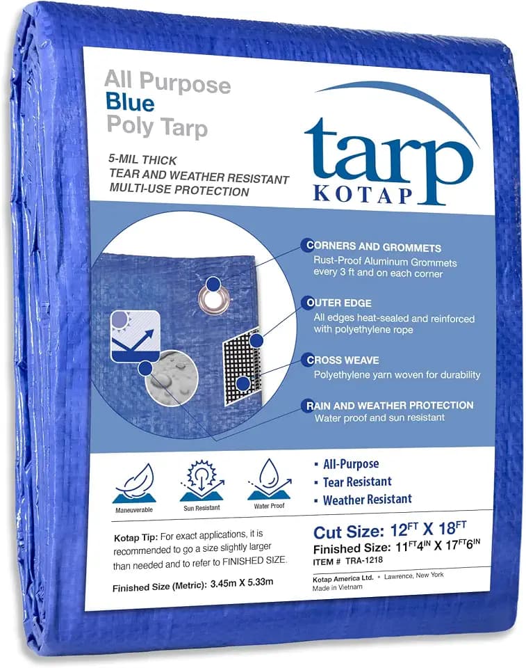 Kotap 12 x 18 Ft. All-Purpose Multi-Use Protection/Coverage 5-mil Poly Tarp, Waterproof, Blue, (TRA-1218)