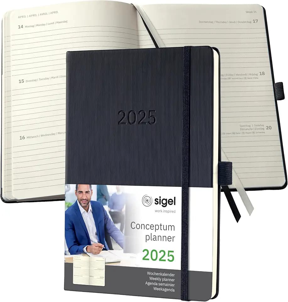 SIGEL C2512 Wochenplaner Wochenkalender 2025, ca. A5, schwarz, Hardcover, 192 Seiten, Gummiband, Stiftschlaufe, Archivtasche, aus nachhaltigem Papier, Conceptum