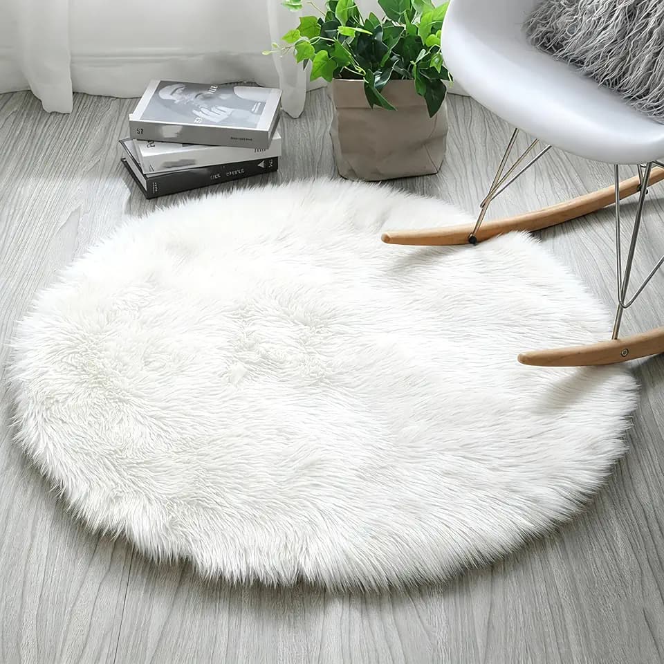 120cm Runder Teppich Weiß Flauschig Teppich für Schlafzimmer
