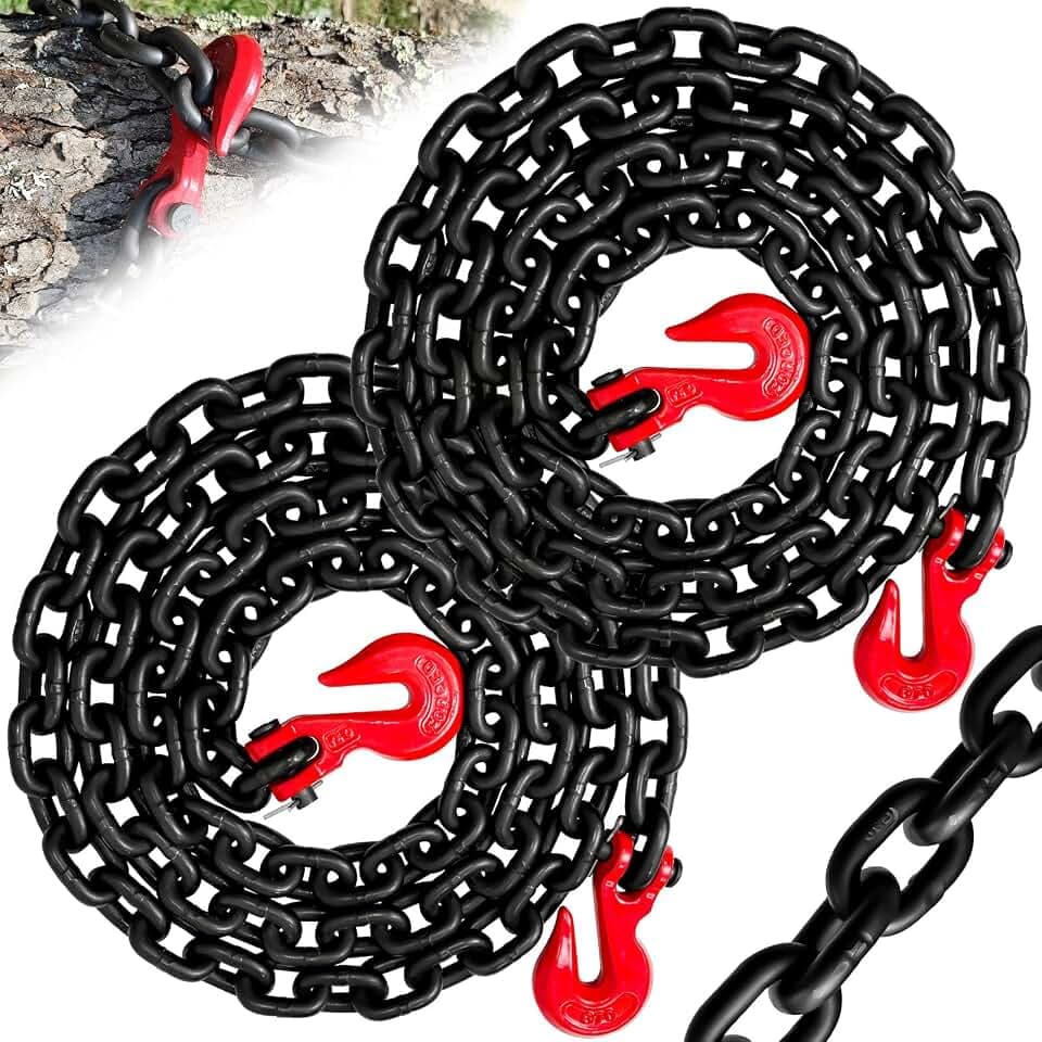 3/8“ Transport Binder Chain with 10 Foot |G80 Log Chains with G70 Clevis Grab Hooks|7100 Lbs Secure Working Load Limit|Towing Chain with Heavy Duty for Transporting (Pack of 2-Oiled Black)