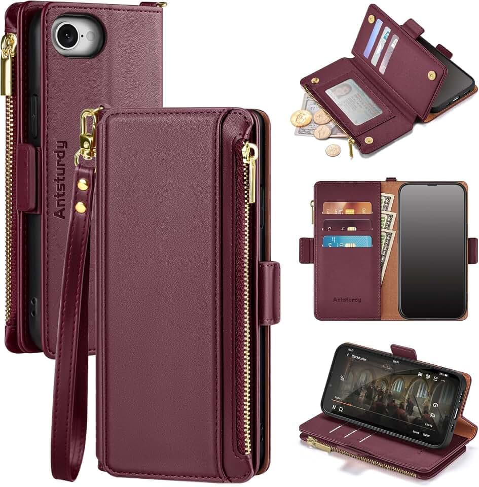 Antsturdy for iPhone 6/6S/7/8/SE 2020/SE 2022 Phone Wallet Case Women,Wine Red