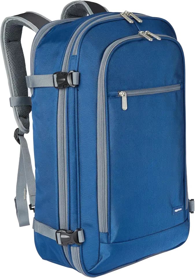 Amazon Basics Travel Backpack, Carry-On with Laptop Compartment, 1.55 cubic Expandable Storage, Dual Use Backpack & Shoulder Bag with Multiple Compartments and Pockets, 13.8'' x 9.5'' x 21.5'', Navy