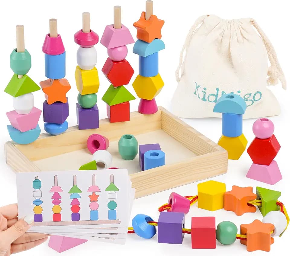 KidMigo 3-in-1 Fädelspiel ab 3 Jahre, Motorikspielzeug 3 Jahre mit Ablagefach und Karten, Holz Sortier und Stapelspielzeug, Montessori Spielzeug ab 3 4 5 Jahre