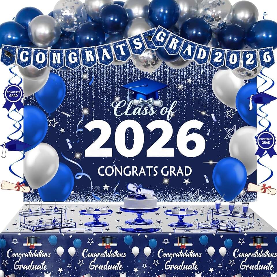 Graduation Decorations 2026, Graduation Decorations Class of 2026 Blue and Silver Congrats Grad Backdrop Tablecloths Banner Balloons for Graduation Party Decorations 2026 Graduation Decor