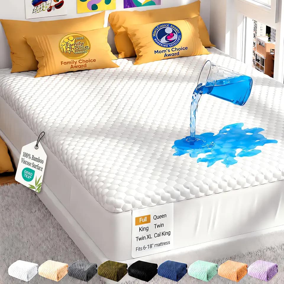 OhGeni Waterproof Mattress Protector,Full Size Soft Bamboo Viscose Top Layer Pad,3D-Air Fabric Cooling Breathable Fitted Sheets, Washable Bed Cover for Colchon Doble Noiseless Over 99 Count Hex Bumps