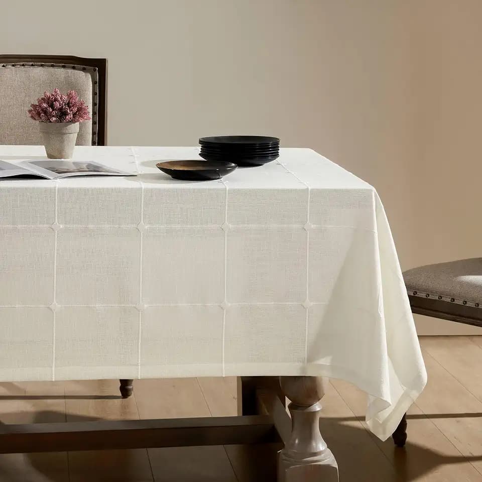 ZeeMart Grid Embroidered Rectangle Hemmed Tablecloths 60x120in, Off-White
