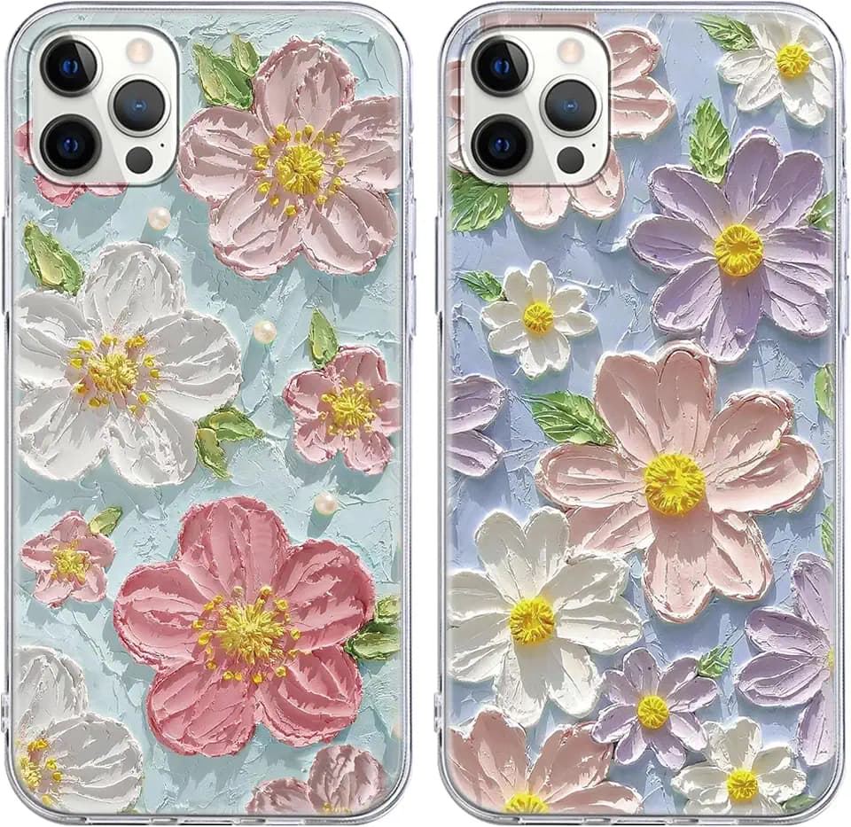 Yoedge 2 Stück Blumen HandyHülle für iPhone 16 Pro Max Hülle 6,9", Schutzhülle Case Blumen Muster Öl auf Leinwand Design Aesthetic Mädchen Frauen Geschenk Weich TPU Silikon Stoßfest Cover