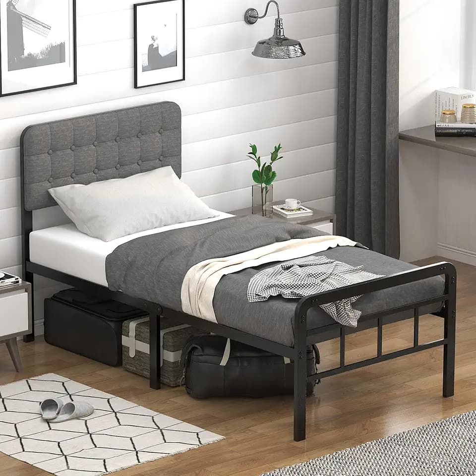 EMODA 16 Inch Twin XL Bed Frames with Upholstered Headboard and Metal Footboard, Heavy Duty XL Twin Metal Bed Frame, No Box Spring Needed, Easy Assembly