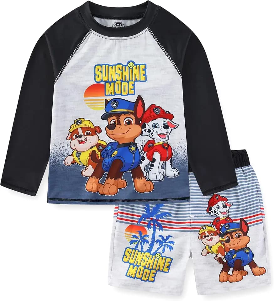 Paw Patrol Nickelodeon Chase Marshall Rubble Boys UPF 50+ Rash Guard and Swim Trunks Swimsuit Set for Toddler and Big Kids
