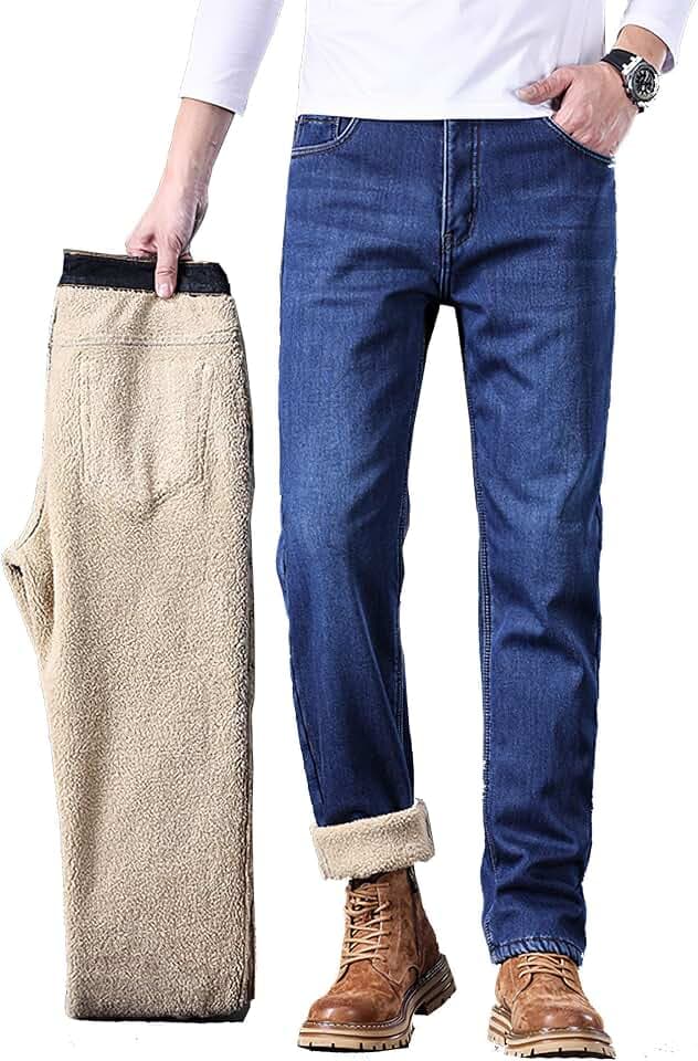 Mens Fleece Lined Jeans Straight Leg Stretch Winter Warm Denim Pants