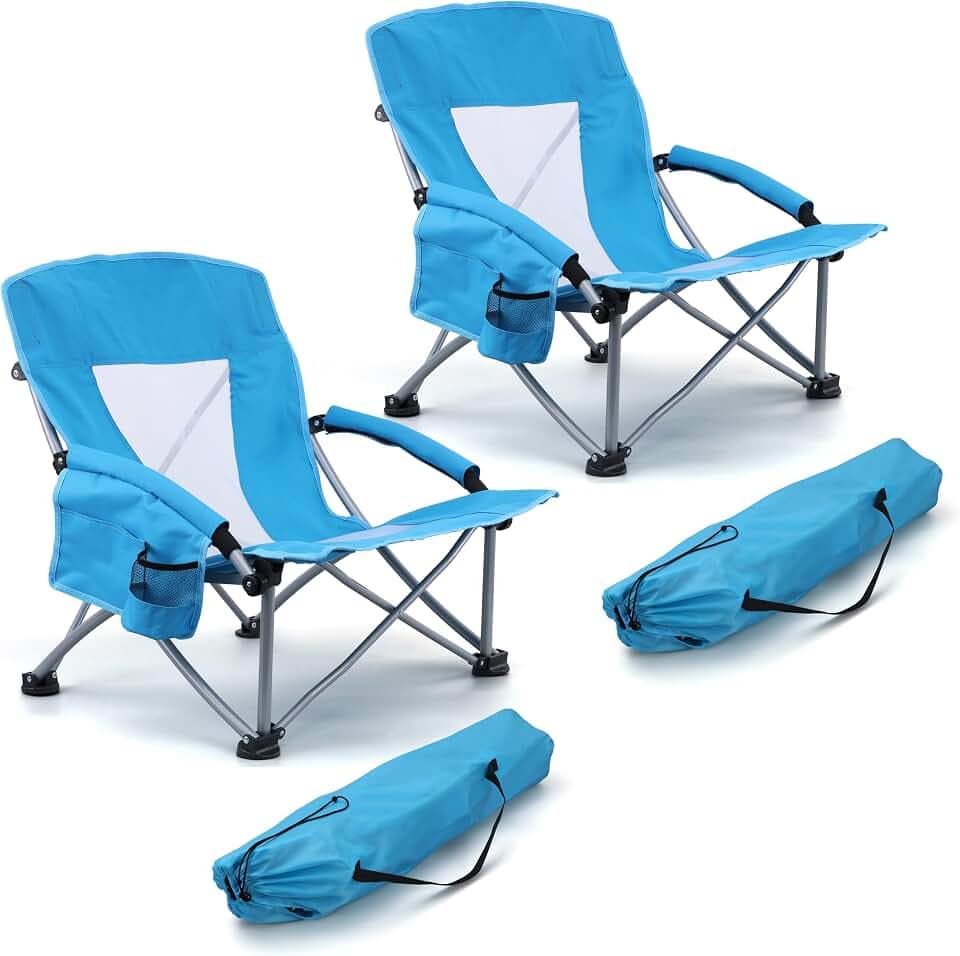 HaSteeL Low Beach Chairs for Adults, Lightweight Camping Folding Chair with Carrying Bag, Portable for Outdoors Lawn Backyard Patio RV Trip Fishing Sport Tailgating, Support 300LBS, Blue, 2 Pack