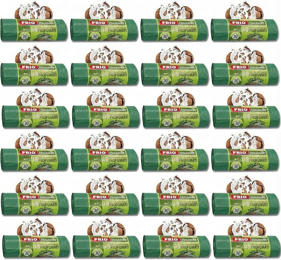 FRIO Aroma – 360 Duft-Müllbeutel 30 L, 24 x 15 Stk. Grün | Duft nach Kokosmilch | 52x58 cm | Starke, kleine Abfallbeutel für Küche & Mülltrennung