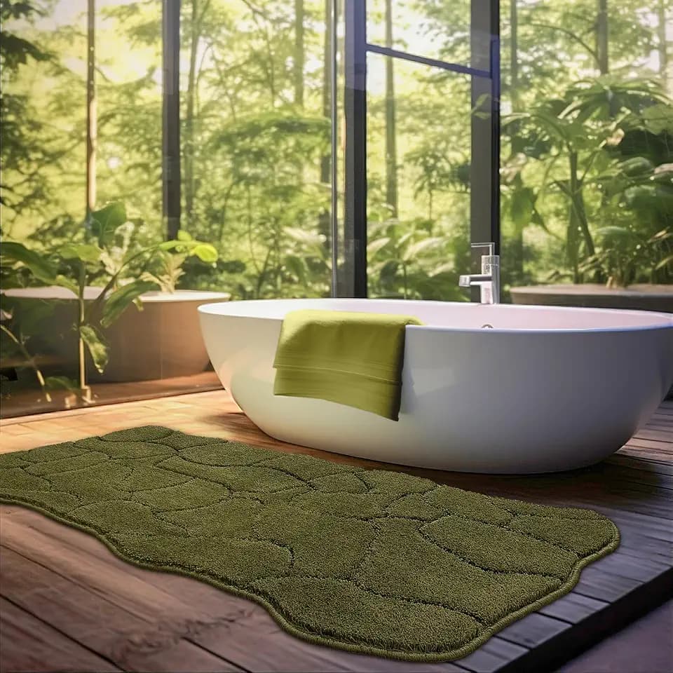 BSICPRO Large Bathroom Rugs Runner, 24x59 Scalloped Bath Mats, Olive Green