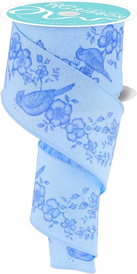 RG Ribbon 2.5" Chinoiserie Florals and Birds Wired Ribbon for Flower Pattern Bows, Wreaths, Gift Wrap, Crafts and Decorations (Light Blue, Blue, 10 Yards)