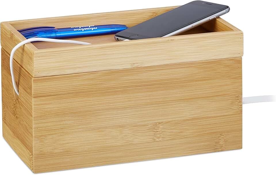 Relaxdays Kabelbox Bambus, mehrfach, kompakt, universell, praktisch, Natur