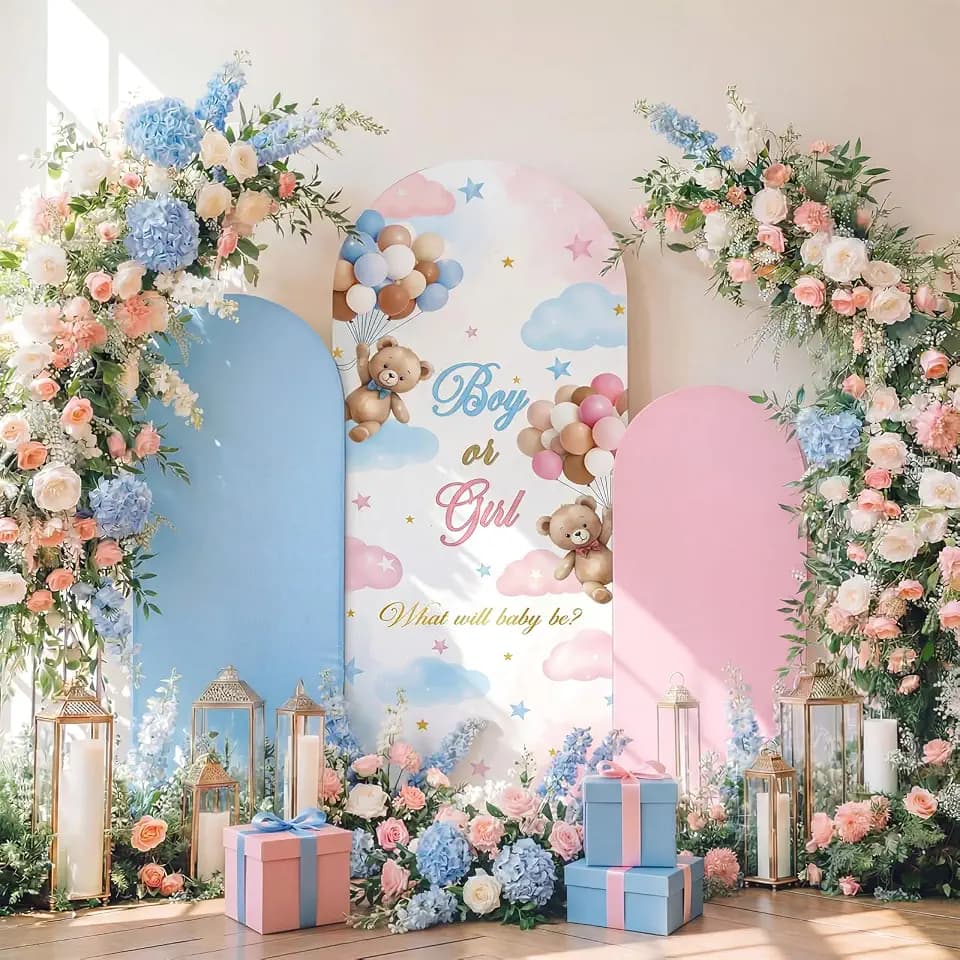 Lumina 3 Pcs Bear Arch Cover Gender Reveal Backdrop Pink Blue