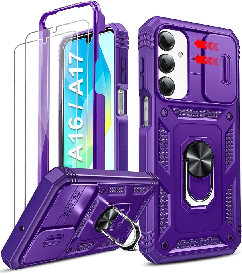 LeYi for Samsung Galaxy A17/A16-5G Case: A17 5G Case with Tempered Glass Screen Protector, Magnetic Stand & Slide Camera Cover, Shock Proof Military-Grade para Galaxy A 16 /A17 5G Phone Case, Purple