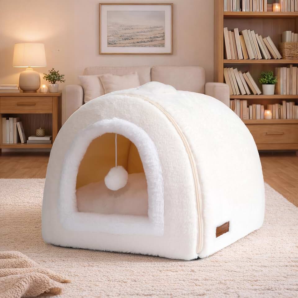 Cat Bed for Indoor Cats，Foldable cat cave，Anti-Slip & Water-Resistant Bottom，cat Houses for Indoor Cats or Small Dogs, Kitten Tent, Rabbit Bed (Cream, L:(17.5"×16.9"×15.9"))