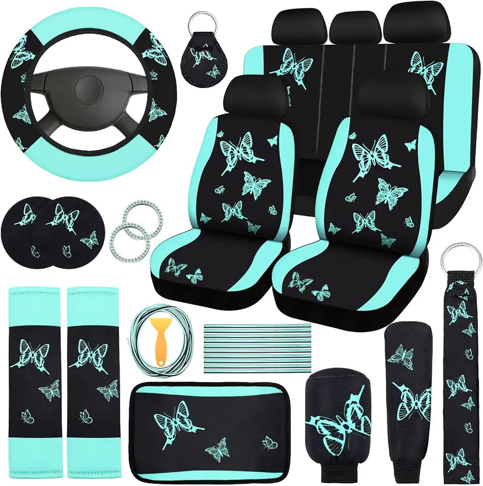 BBTO 43 Pcs Car Seat Cover Set for Women SUV,Butterfly,Mint Green, Black
