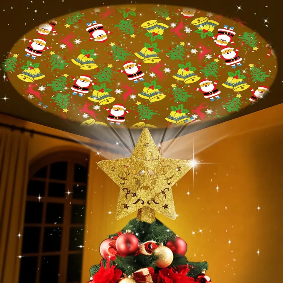 Weihnachtsbaumspitze Stern Christbaumspitze Beleuchtet mit Eingebauter Projektor Tannenbaumspitze Glitzer Gold Stern Spitze Baumspitze Christbaumkrone für Weihnachtsbaumschmuck, 23 cm Höhe