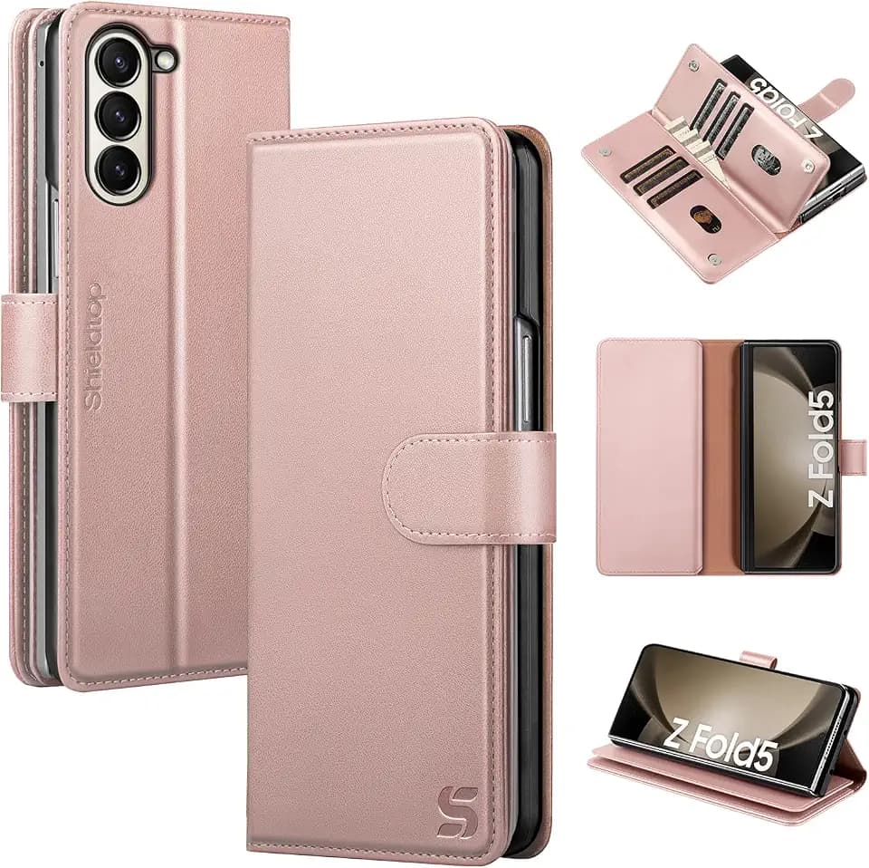 Shieldtop for Samsung Galaxy Z Fold 5 Wallet Case with Card Holder,Rose Gold