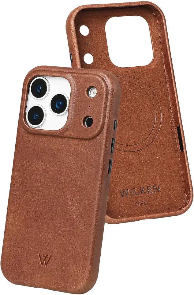 Wilken Leather Slim Phone Case Compatible with iPhone 17 Pro Max | Compatible with MagSafe & Wireless Charging | Premium Top-Grain Leather Cover with Metal Buttons (17 Pro Max, Brown, Closed Camera)