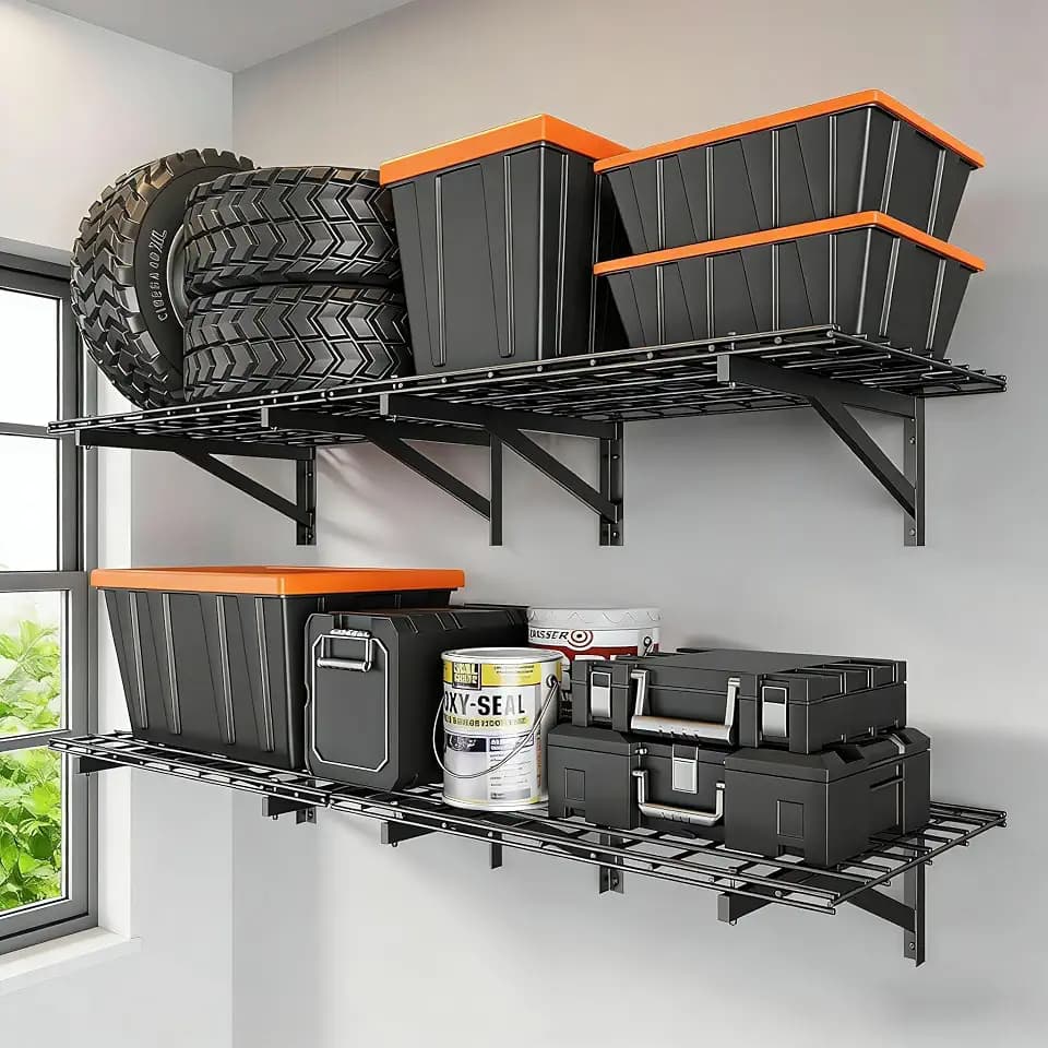 GarveeTech 4 Pack Garage Wall Shelving, Wall Mounted Garage Shelves 1400lbs Capacity, 24"X72" Shelf Storage Rack Floating Shelves, Heavy Duty Sturdy Shelves Shop, Shed, Storage Shelve, Black