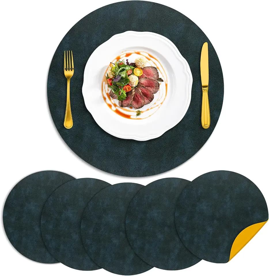 ADRIMER Faux Leather Placemats Set of 6, Easy to Clean 13"x13", Blue/Yellow