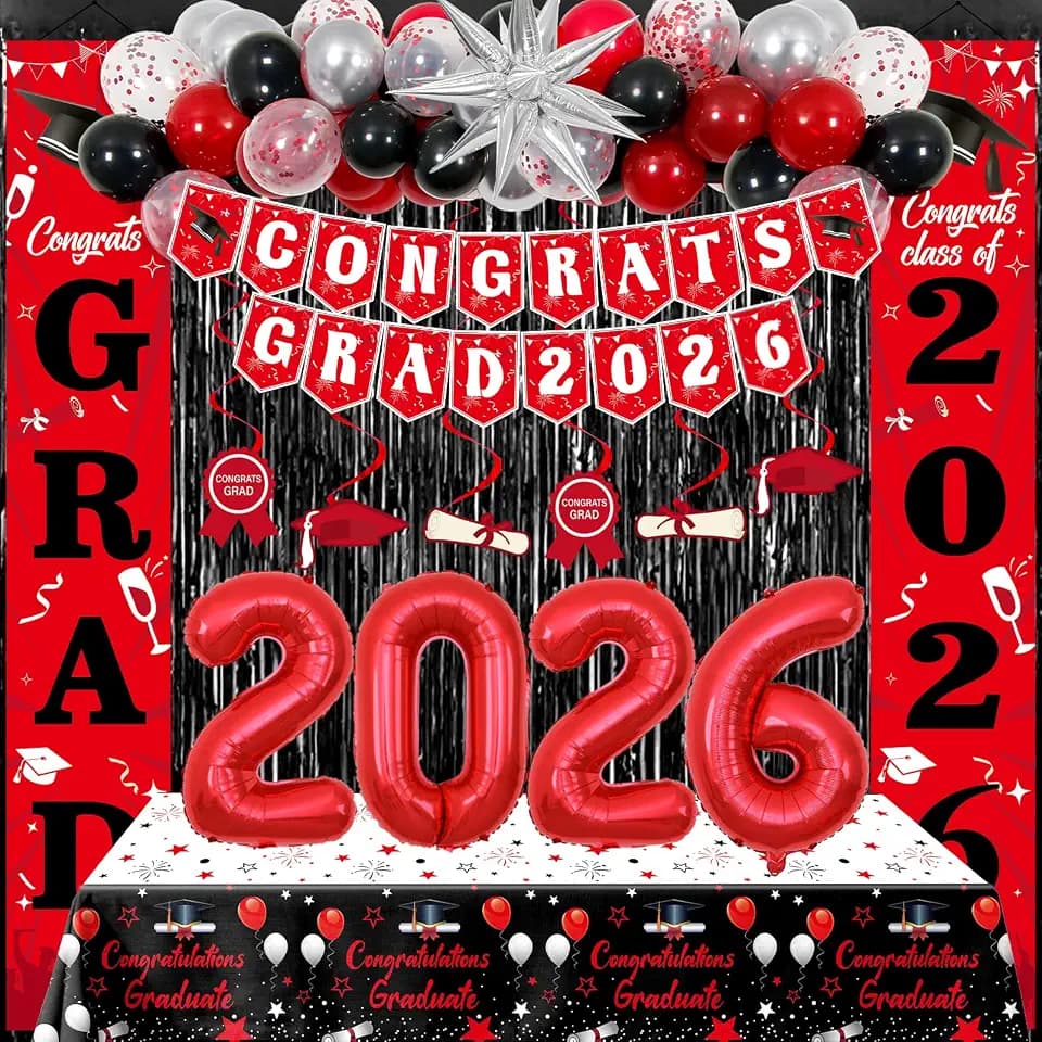 Graduation Decorations 2026, Red and Black Grad Decorations Class of 2026, Graduation Party Decorations with Congrats GRAD 2026 Banner Tablecover Balloons for High School Senior Nurse College