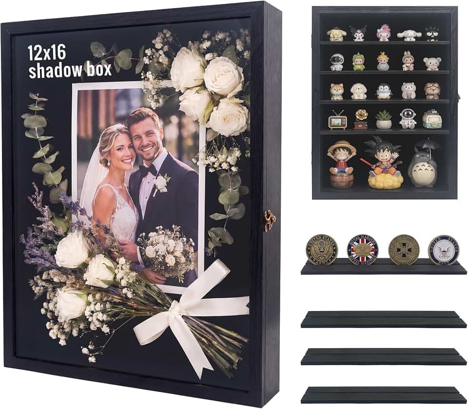 GMFrames 12x16 Wooden Shadow Box Frame with Removable Shelves Deep Display Case for Military Medals Keepsakes Black