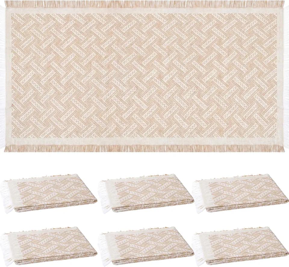 Frienda 6 Pcs Large Boho Outdoor Picnic Blanket 70" x 35" Chic Woven Cotton Yarn Beach Blanket with Fringe Washable Sandproof Portable for Picnic Camping Travel Lawn Bohemian Decor (Trendy,Khaki)