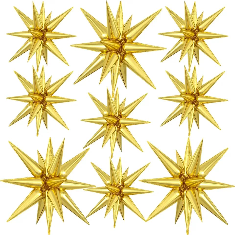 9Pcs Gold Star Balloons, Large Explosion Spike Foil Balloons Party Decor